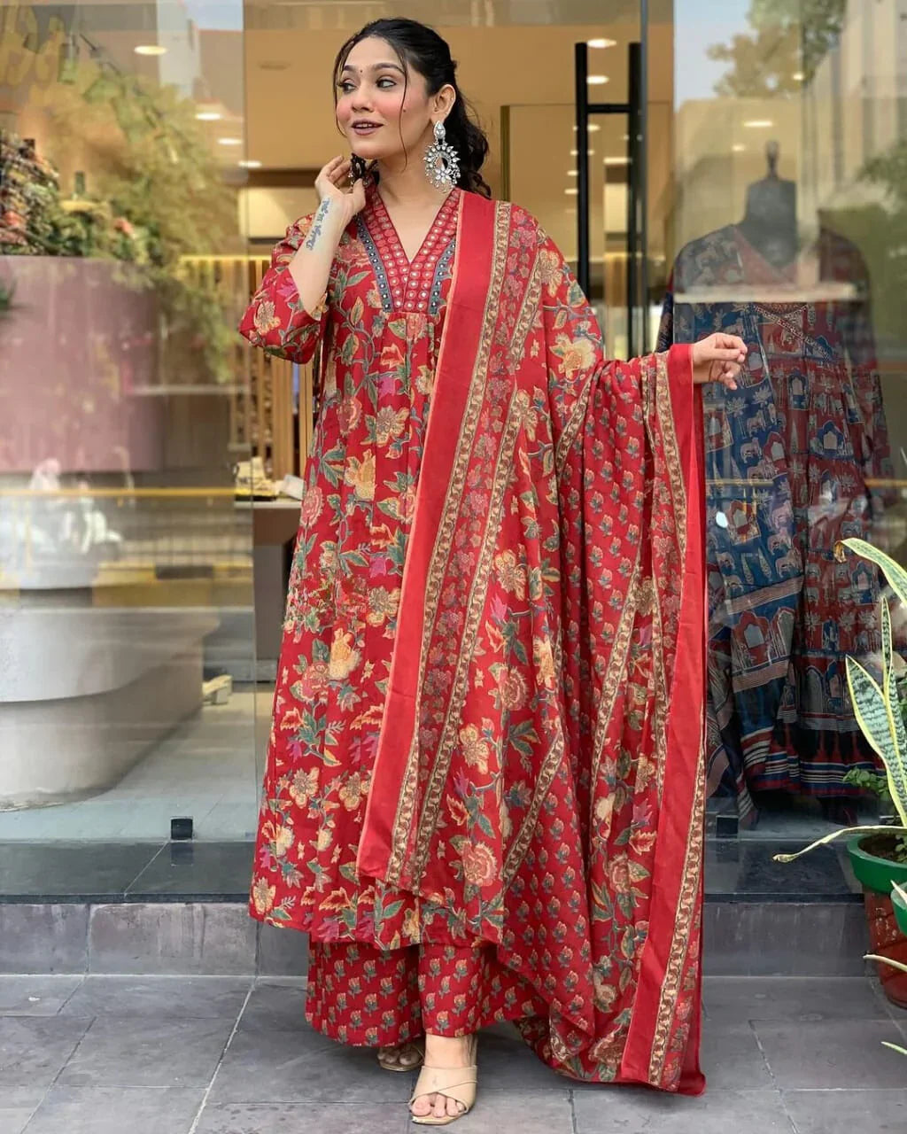 Crimson Red Floral Printed Kurta Set with Dupatta for Women