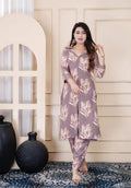 Grey Pockets Leaf Print Rayon Cord Set for Women