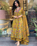 Mustard Floral Printed Anarkali Kurta Set with Mulmul Dupatta for Women