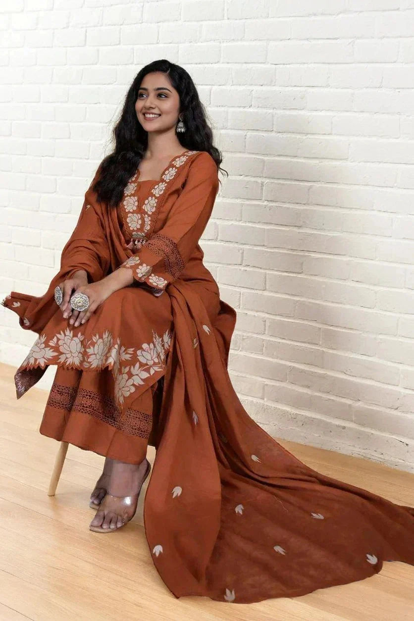 Rusty Orange Embroidered Cotton Kurta Set with Dupatta for Women