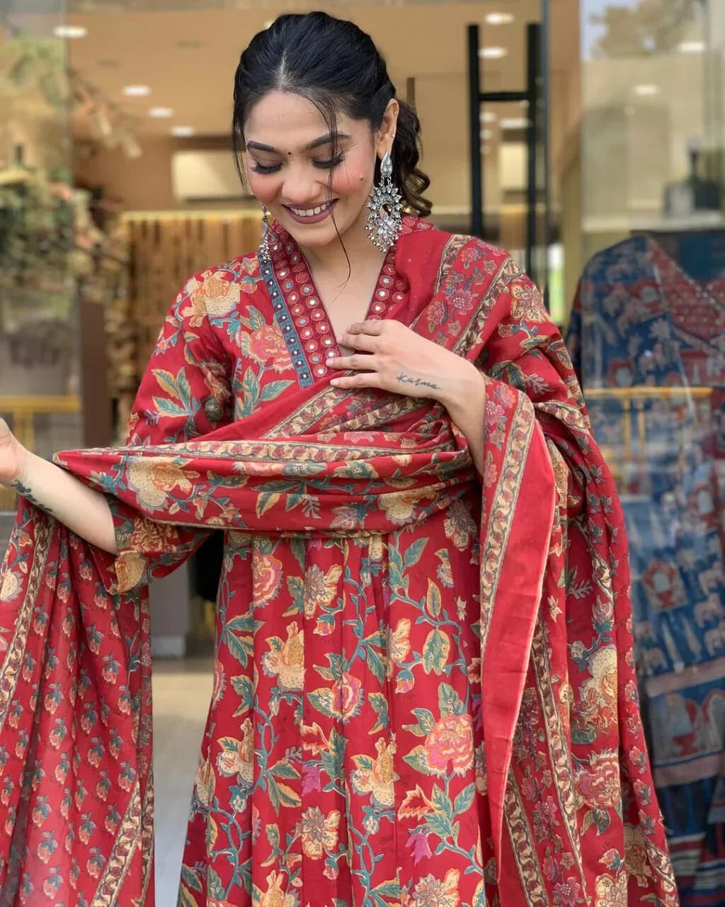 Crimson Red Floral Printed Kurta Set with Dupatta for Women
