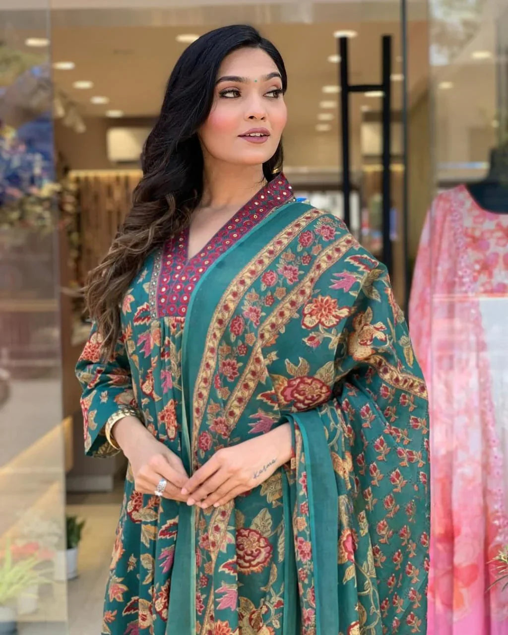 Green Floral Printed Cotton Kurta and Pant Set with Mulmul Dupatta for Women