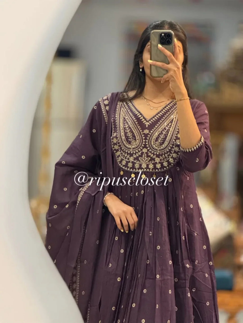 Dusty Purple Pithan and Zari Work Anarkali Cotton Suit Set