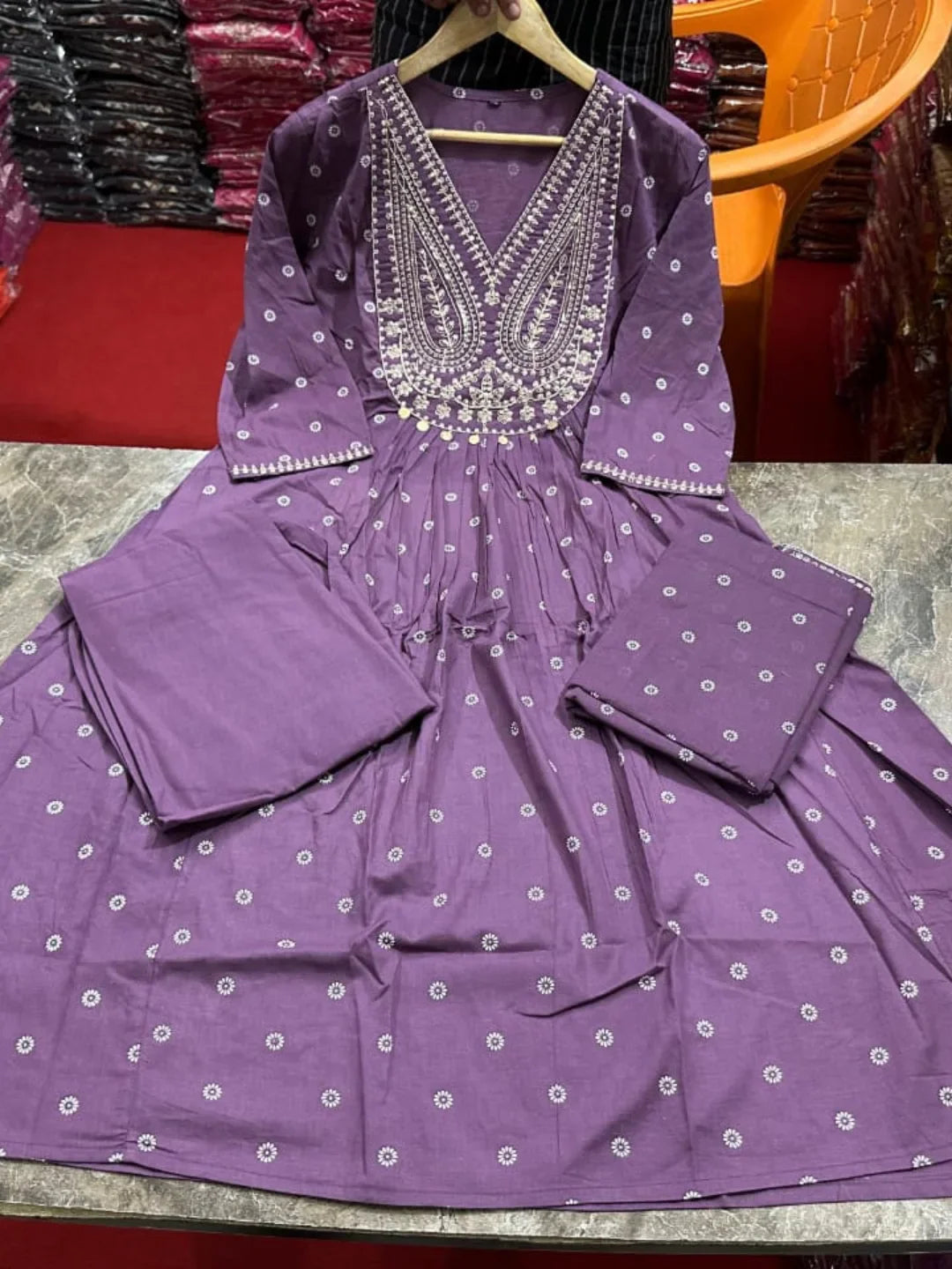 Dusty Purple Pithan and Zari Work Anarkali Cotton Suit Set