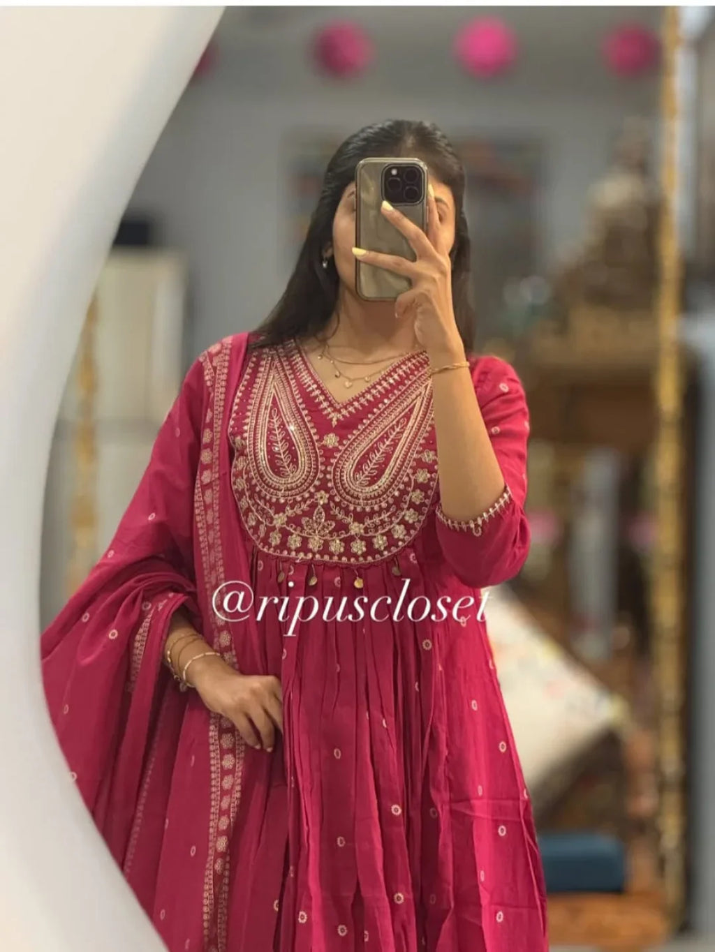 Rani Pink Pithan and Zari Work Anarkali Cotton Suit Set
