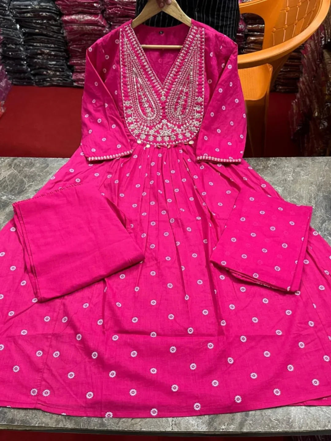 Rani Pink Pithan and Zari Work Anarkali Cotton Suit Set