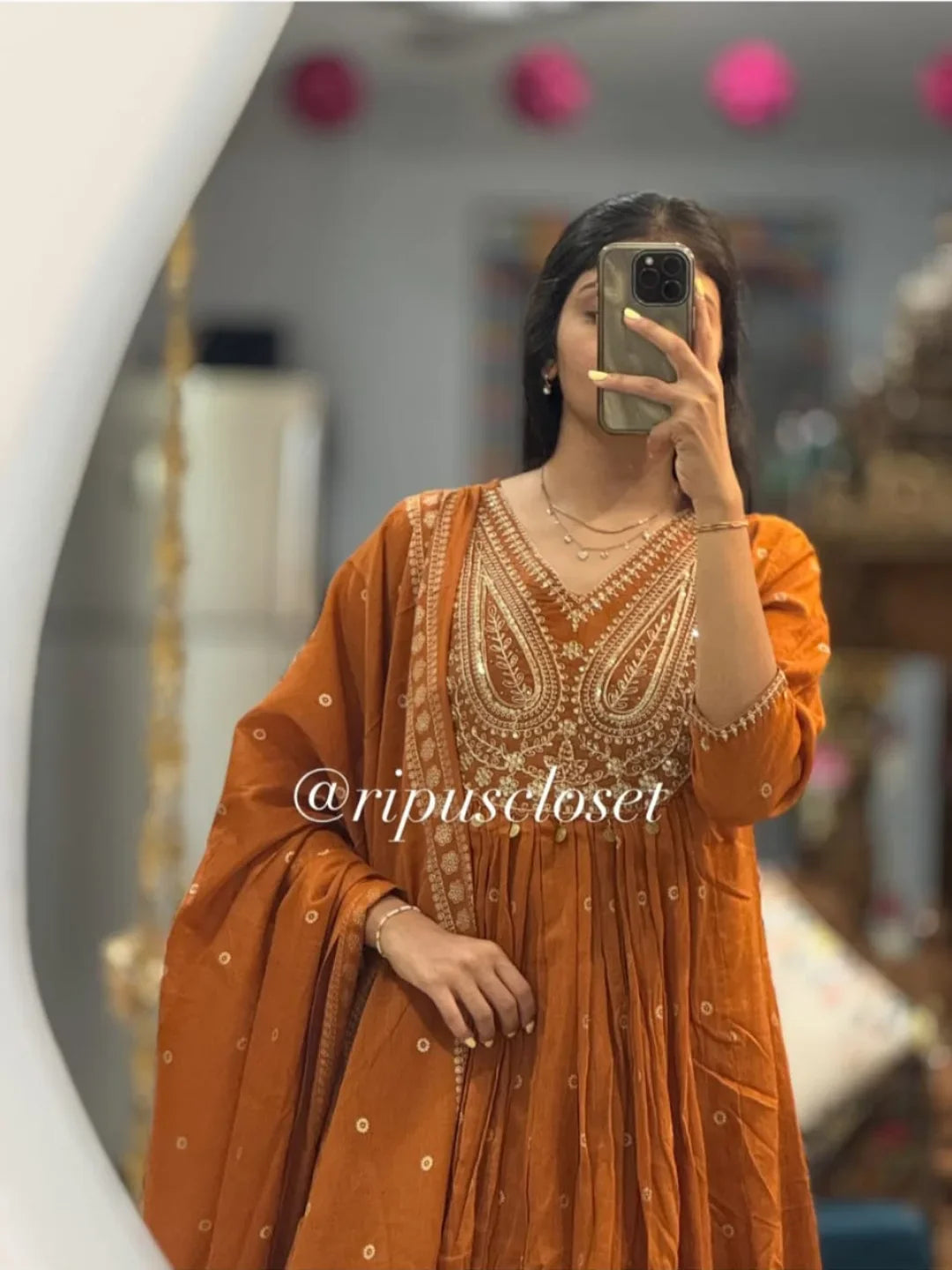 Dusty Orange Pithan and Zari Work Anarkali Cotton Suit Set