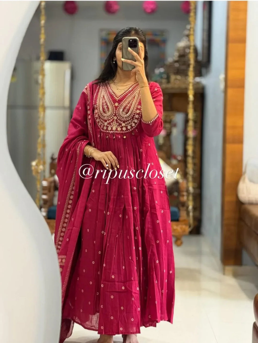 Rani Pink Pithan and Zari Work Anarkali Cotton Suit Set