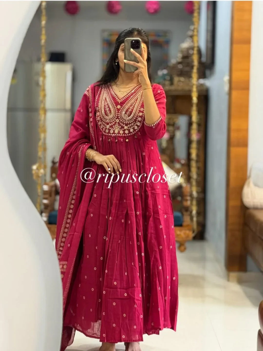 Rani Pink Pithan and Zari Work Anarkali Cotton Suit Set