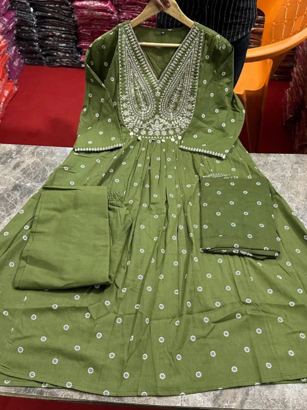 Green Pithan and Zari Work Anarkali Cotton Suit Set