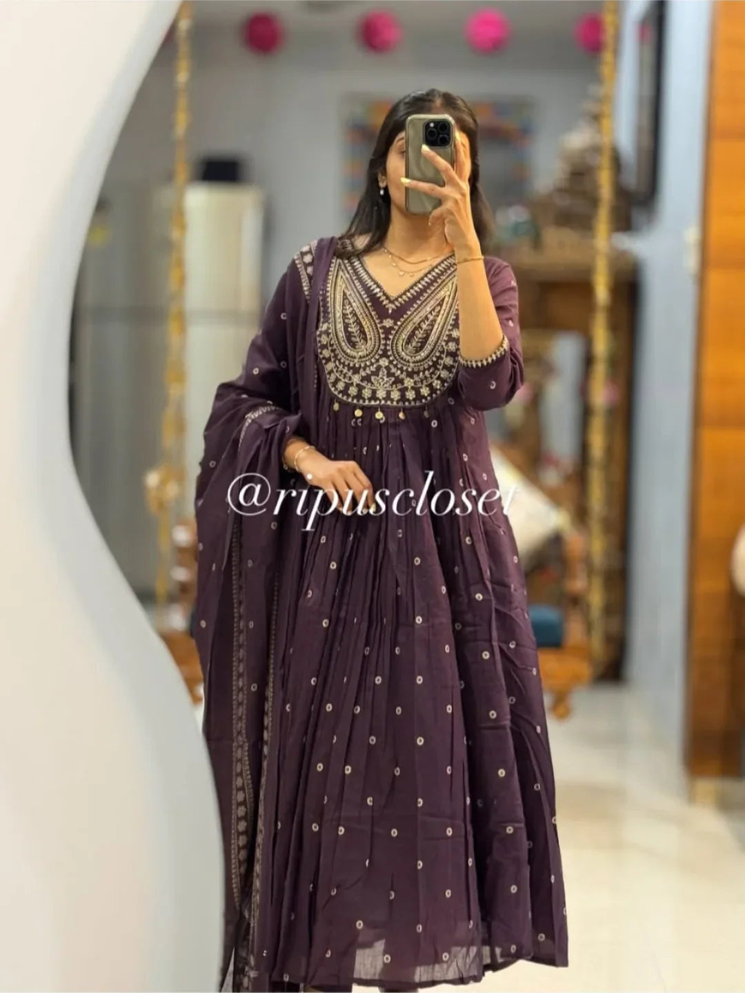 Dusty Purple Pithan and Zari Work Anarkali Cotton Suit Set
