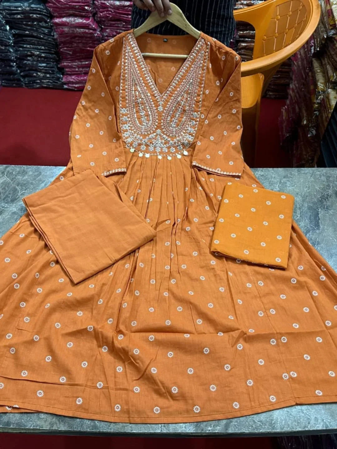 Dusty Orange Pithan and Zari Work Anarkali Cotton Suit Set