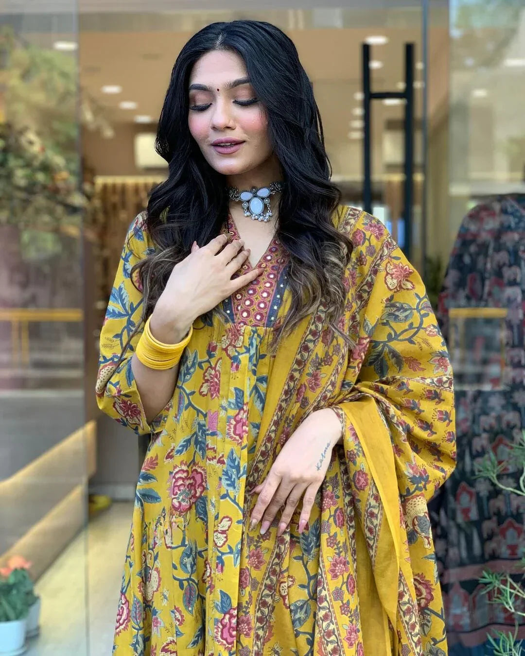 Mustard Floral Printed Anarkali Kurta Set with Mulmul Dupatta for Women