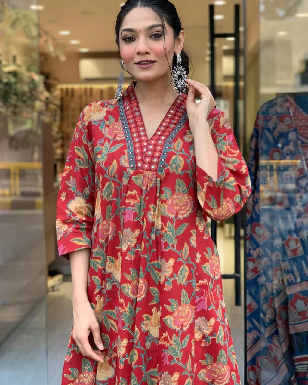 Crimson Red Floral Printed Kurta Set with Dupatta for Women