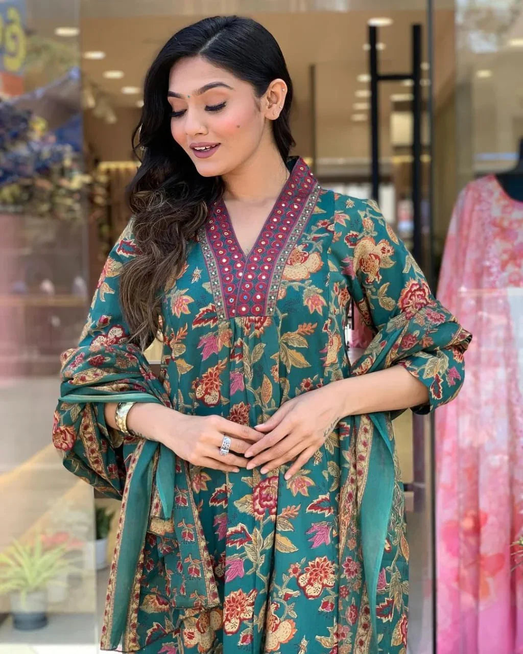 Green Floral Printed Cotton Kurta and Pant Set with Mulmul Dupatta for Women