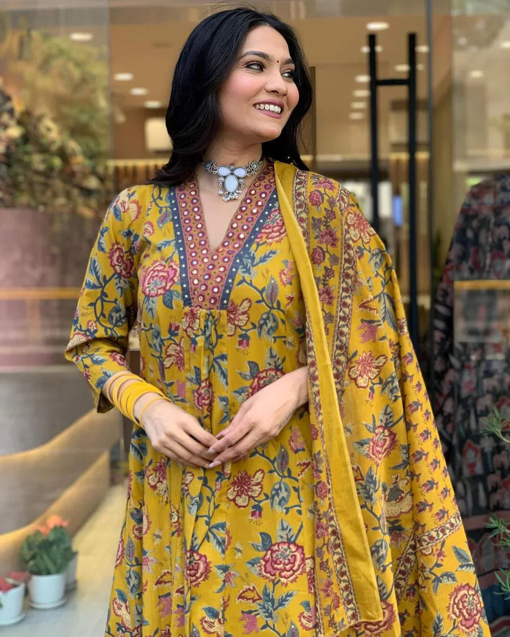 Mustard Floral Printed Anarkali Kurta Set with Mulmul Dupatta for Women
