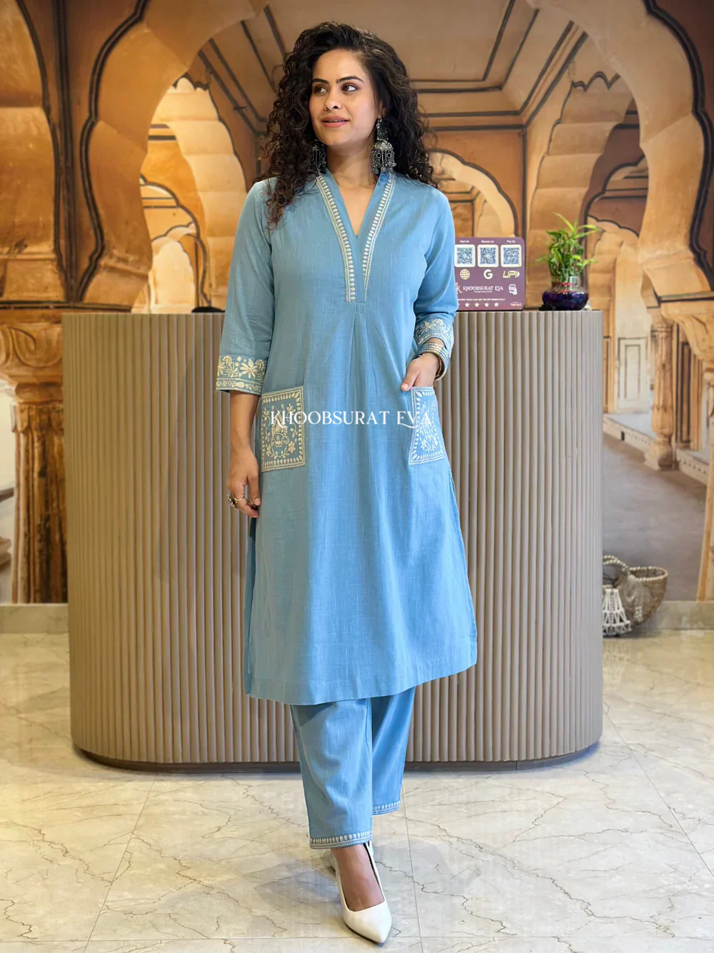 Light Blue Embroidered Cotton Kurta Pant Set for Women
