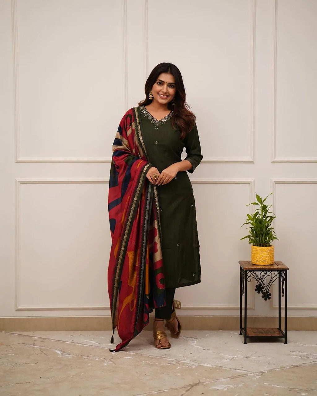 Deep Green Embroidered Cotton Kurta Set with Designer Dupatta