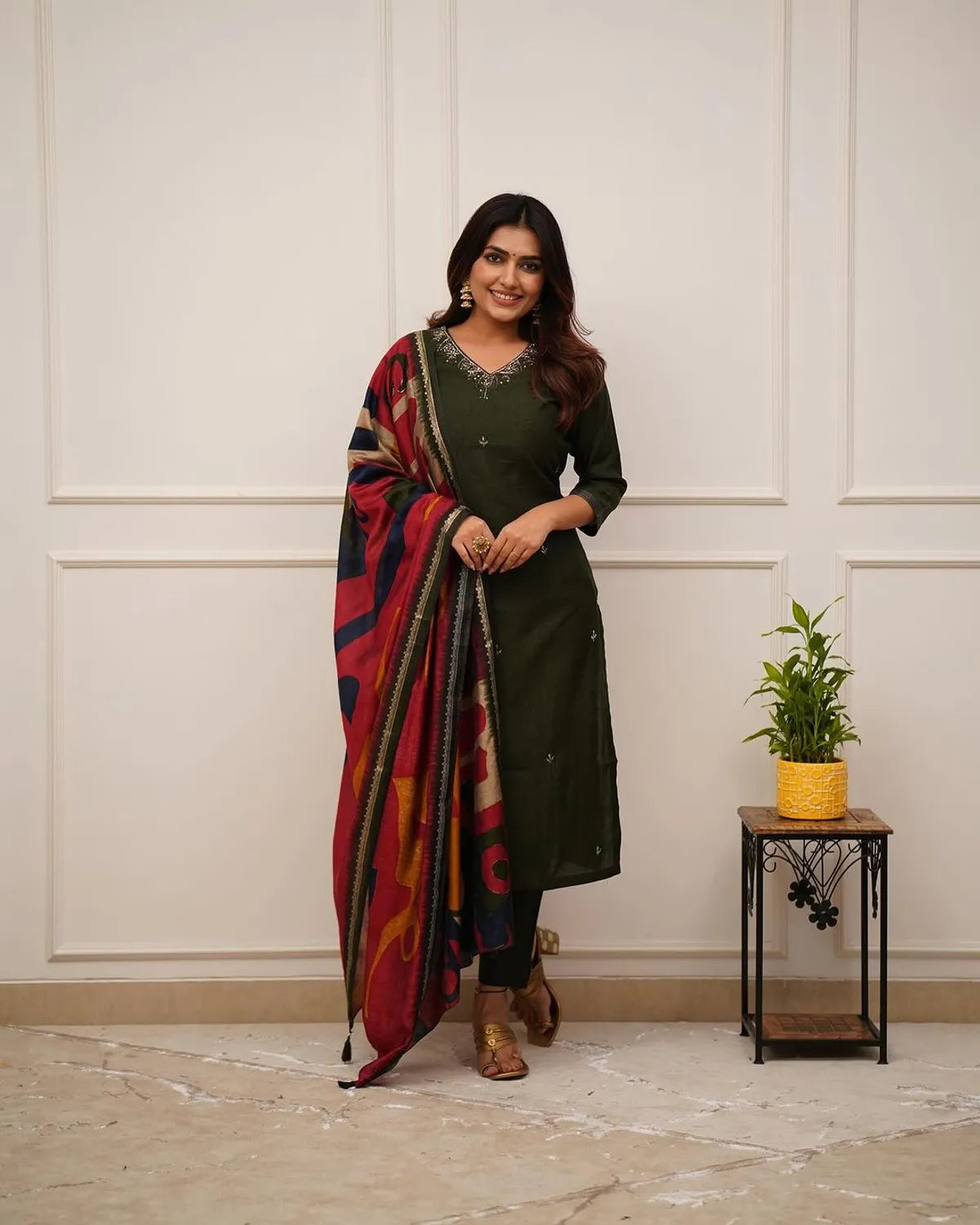 Deep Green Embroidered Cotton Kurta Set with Designer Dupatta