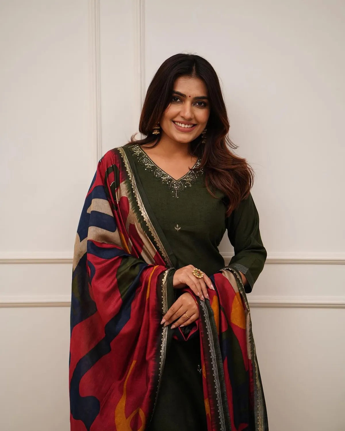 Deep Green Embroidered Cotton Kurta Set with Designer Dupatta