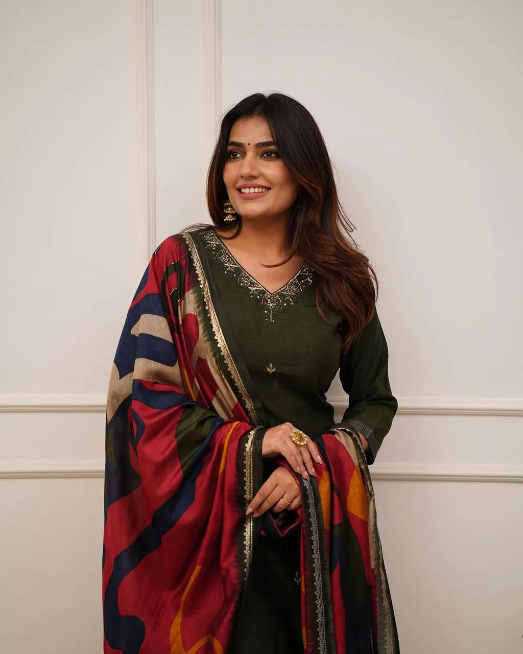 Deep Green Embroidered Cotton Kurta Set with Designer Dupatta