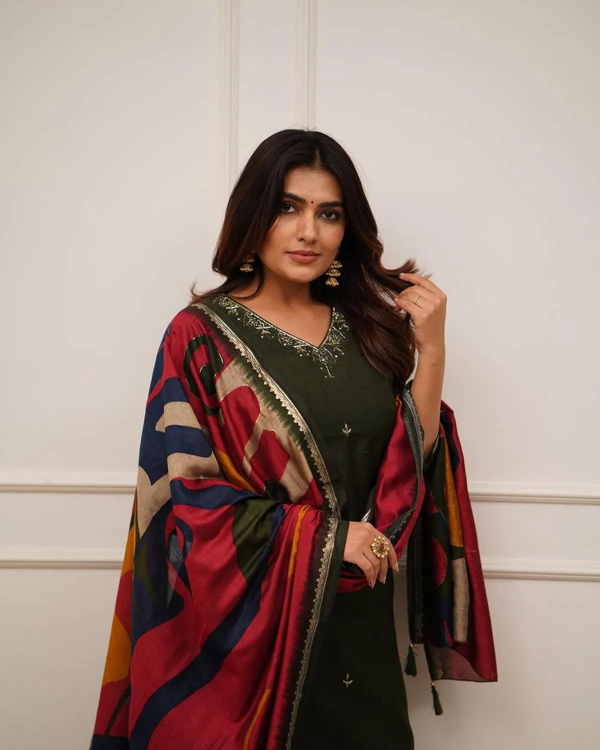 Deep Green Embroidered Cotton Kurta Set with Designer Dupatta