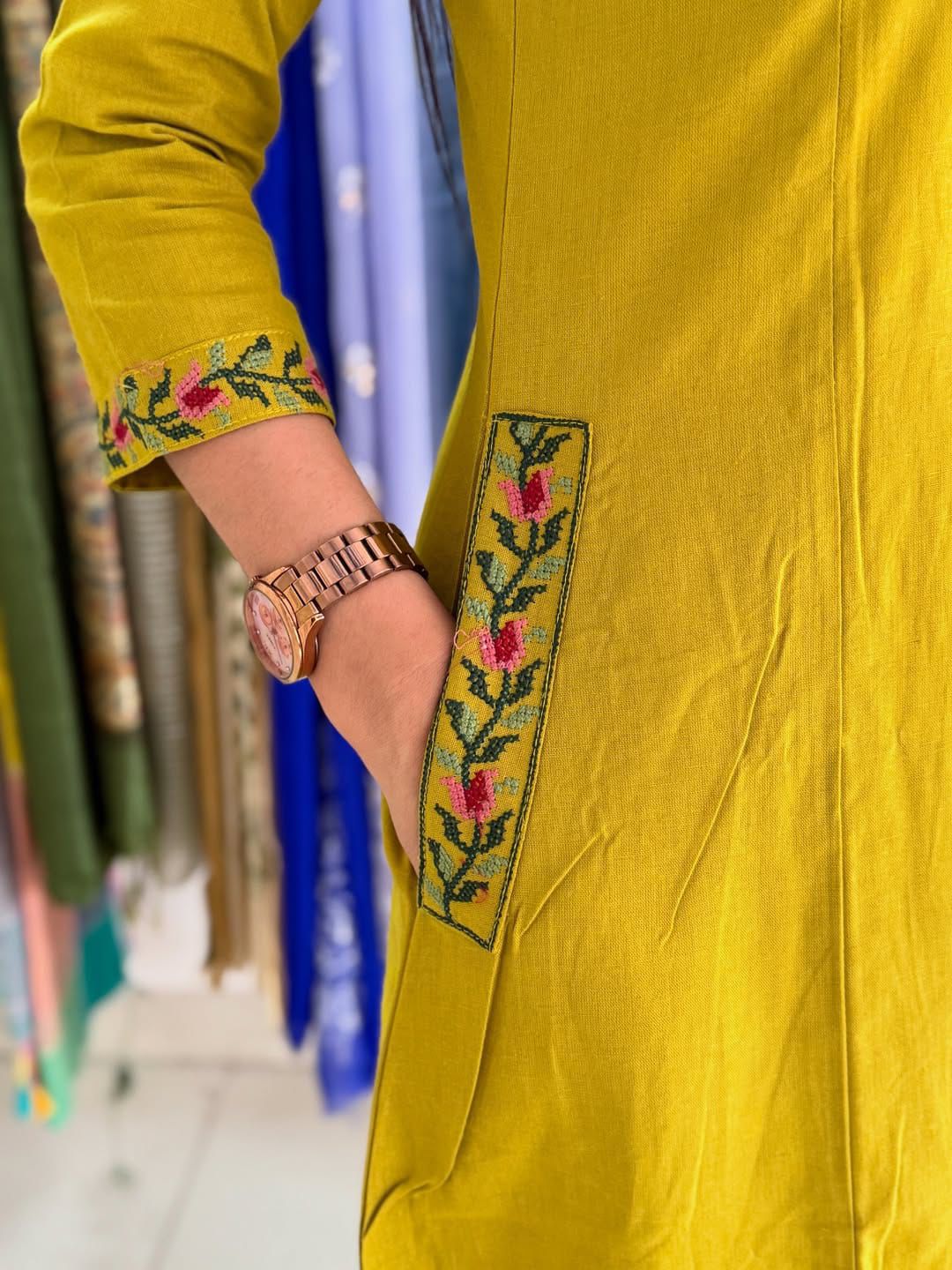 Lime A-Line Cotton Kurti with Heavy Cross Embroidery