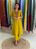 Lime A-Line Cotton Kurti with Heavy Cross Embroidery