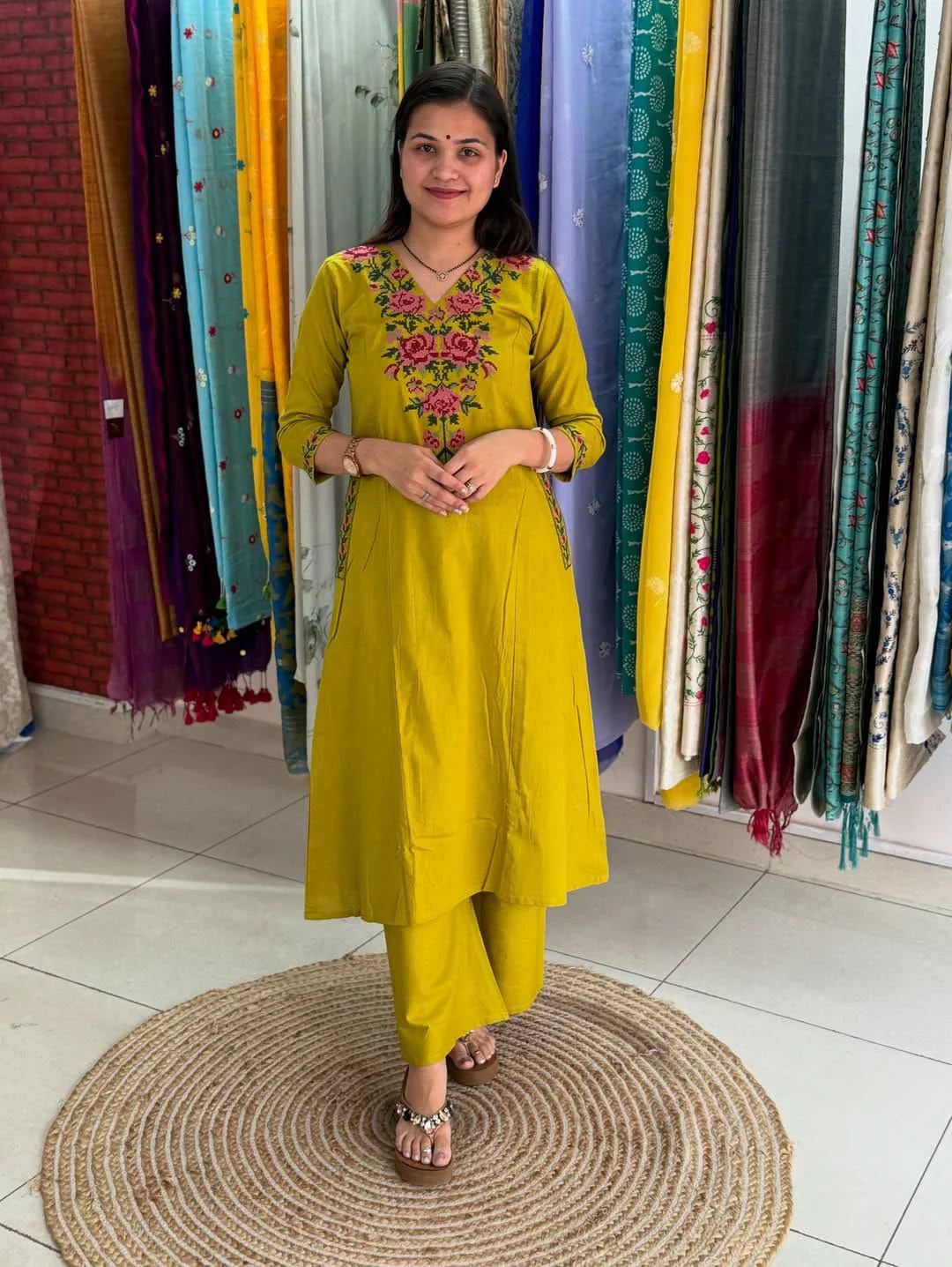 Lime A-Line Cotton Kurti with Heavy Cross Embroidery