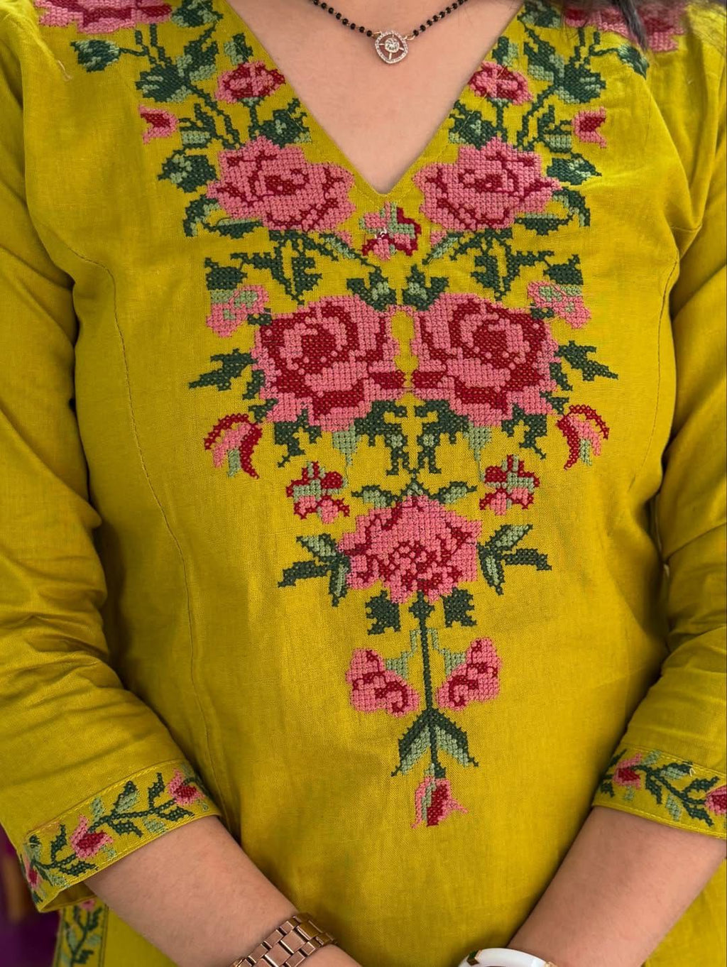Lime A-Line Cotton Kurti with Heavy Cross Embroidery