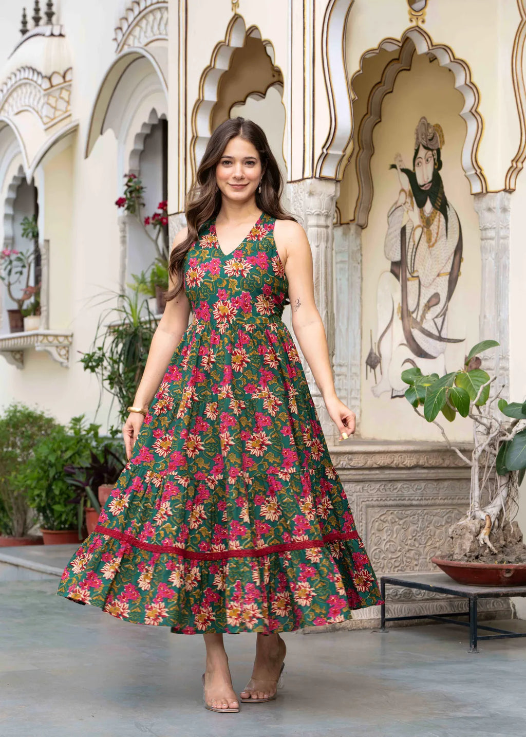 Green Floral Printed Cotton Anarkali Dress for Women