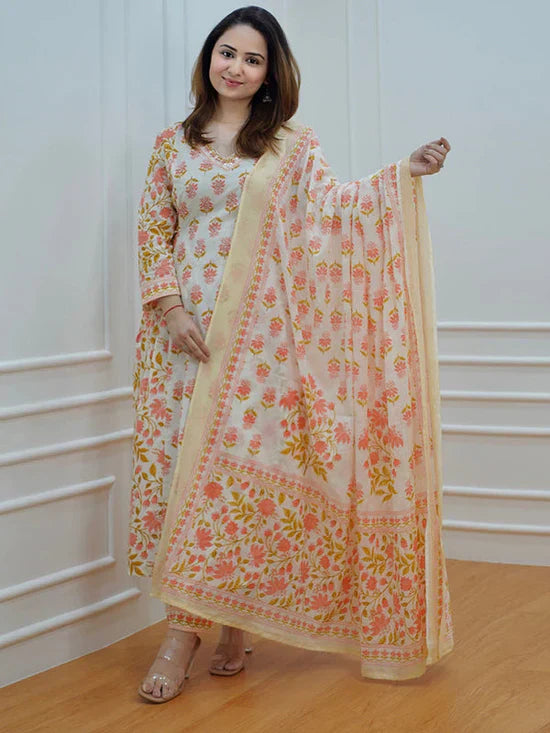 Orange Afghani Print Cotton Kurti Pant Set with Dupatta For Women