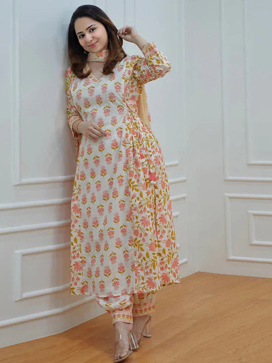 Orange Afghani Print Cotton Kurti Pant Set with Dupatta For Women