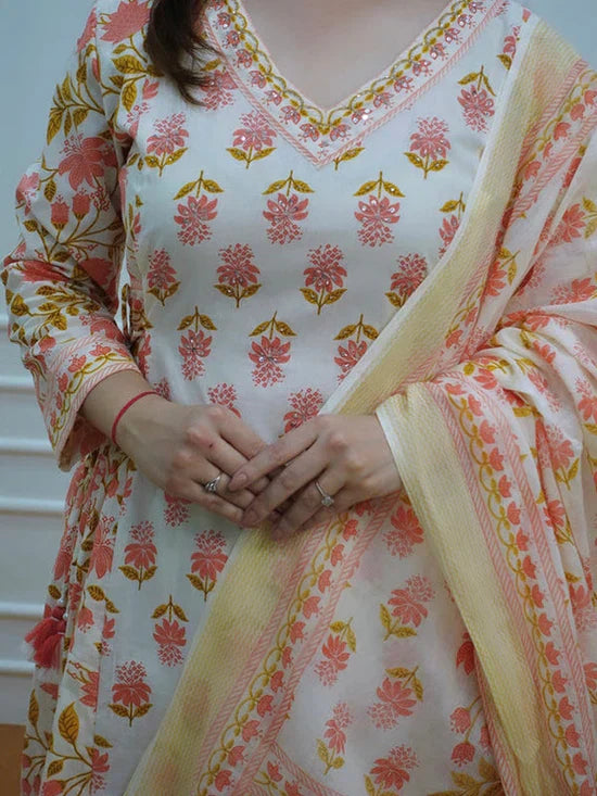 Orange Afghani Print Cotton Kurti Pant Set with Dupatta For Women