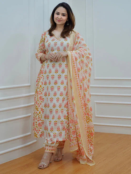 Orange Afghani Print Cotton Kurti Pant Set with Dupatta For Women