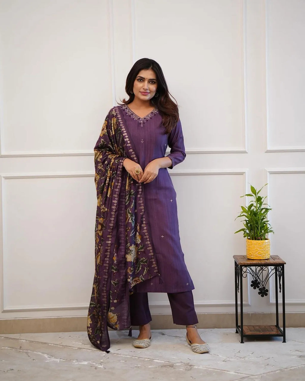 Deep Purple Embroidered & Printed Cotton Kurta Set with Dupatta