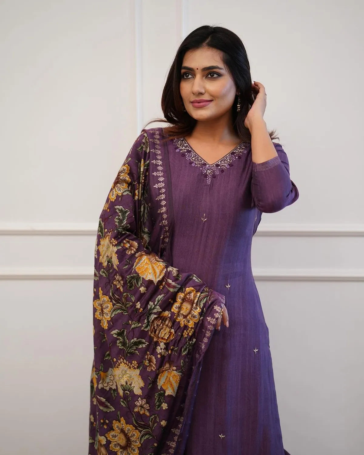 Deep Purple Embroidered & Printed Cotton Kurta Set with Dupatta