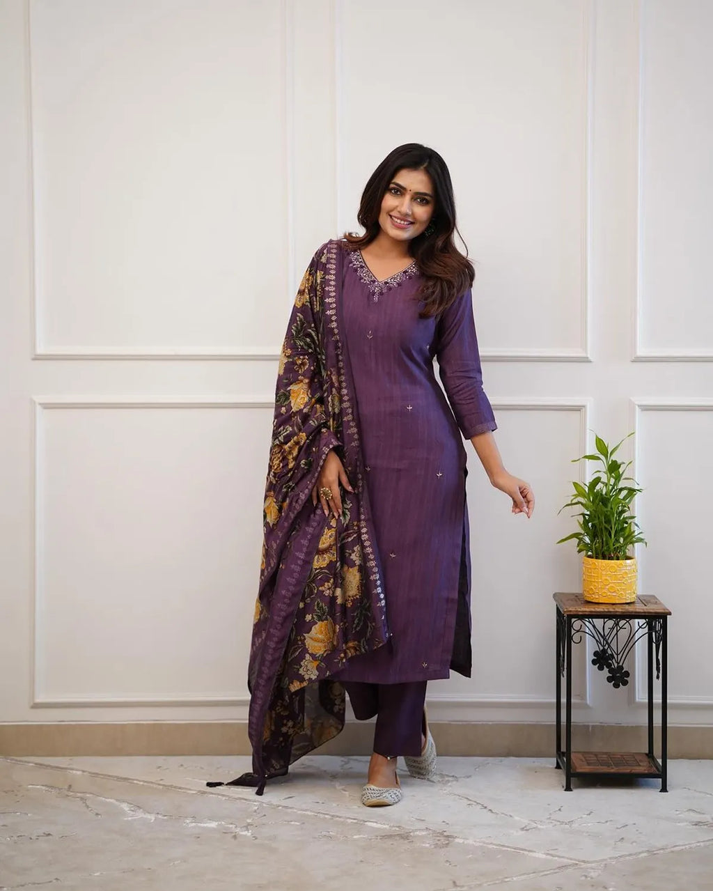 Deep Purple Embroidered & Printed Cotton Kurta Set with Dupatta