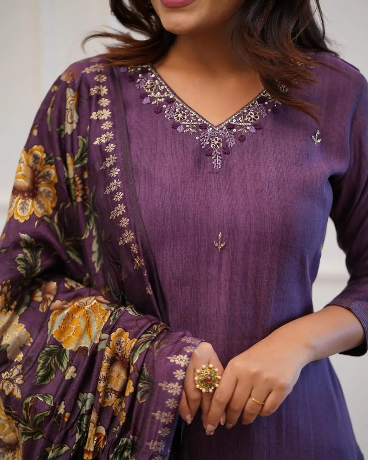 Deep Purple Embroidered & Printed Cotton Kurta Set with Dupatta
