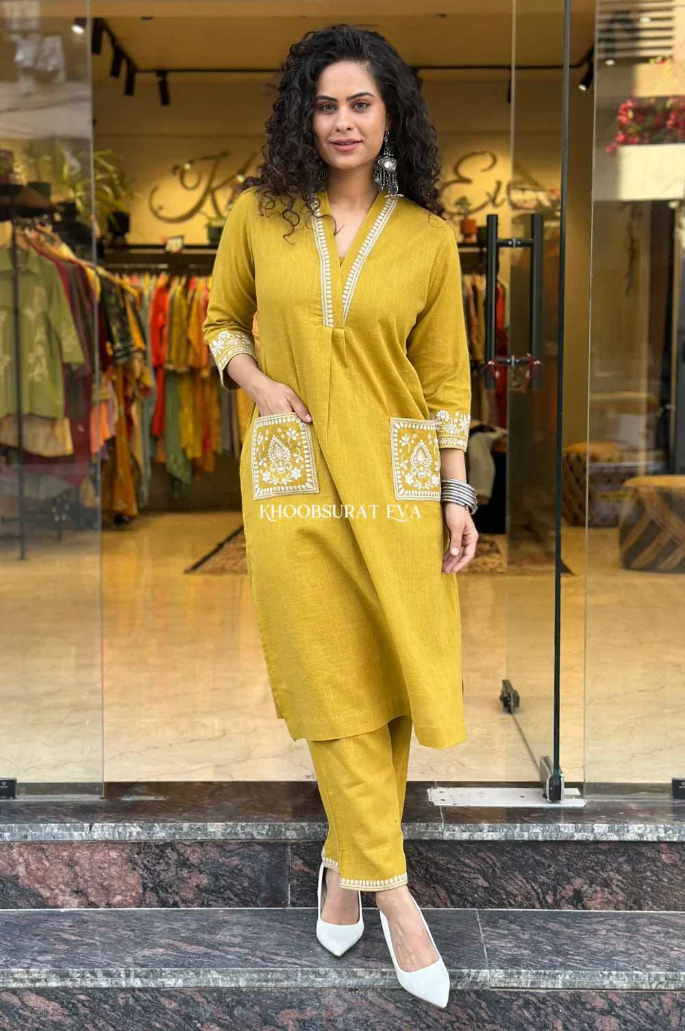 Mustard Yellow Embroidered Pocket Kurta Set for Women