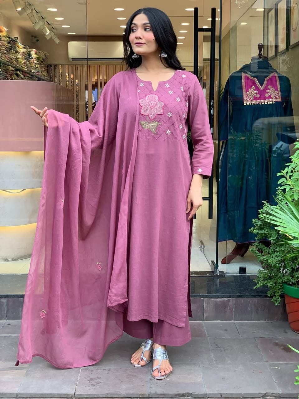 Elegant Mulmul Mauve Cotton Kurta Set with Dupatta for Women