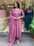 Elegant Mulmul Mauve Cotton Kurta Set with Dupatta for Women
