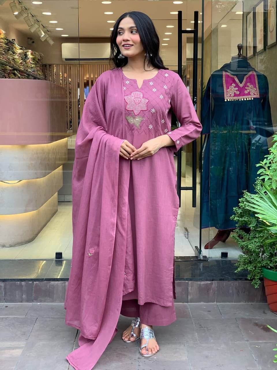 Elegant Mulmul Mauve Cotton Kurta Set with Dupatta for Women