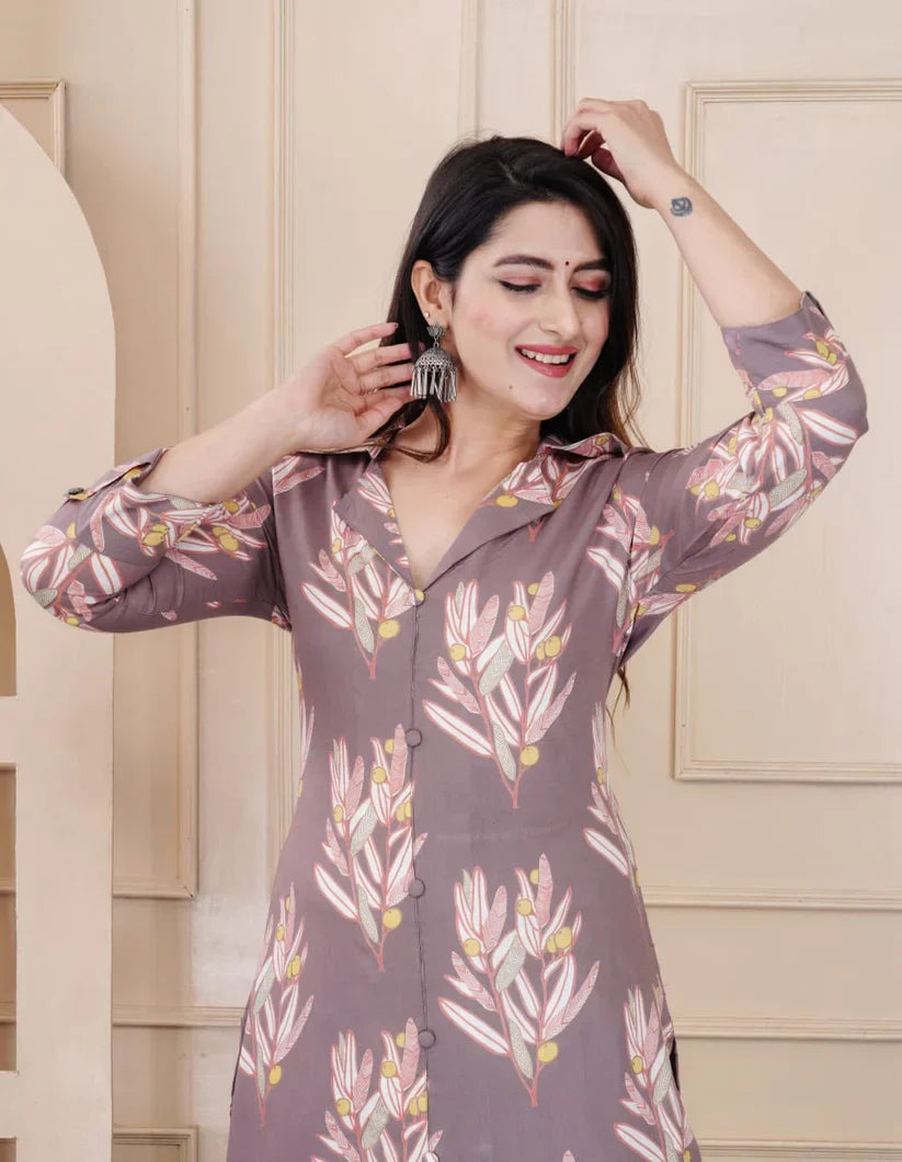 Grey Pockets Leaf Print Rayon Cord Set for Women