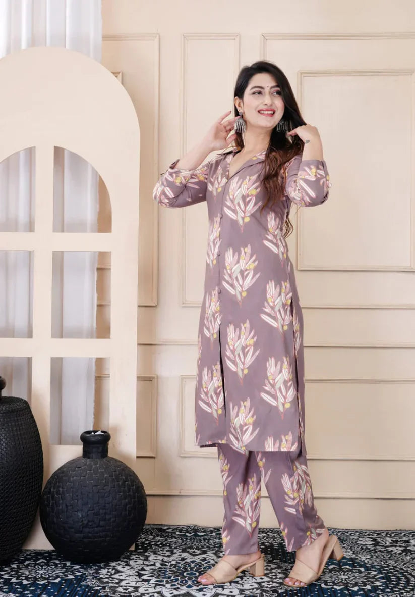 Grey Pockets Leaf Print Rayon Cord Set for Women