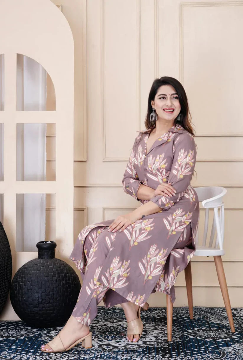 Grey Pockets Leaf Print Rayon Cord Set for Women