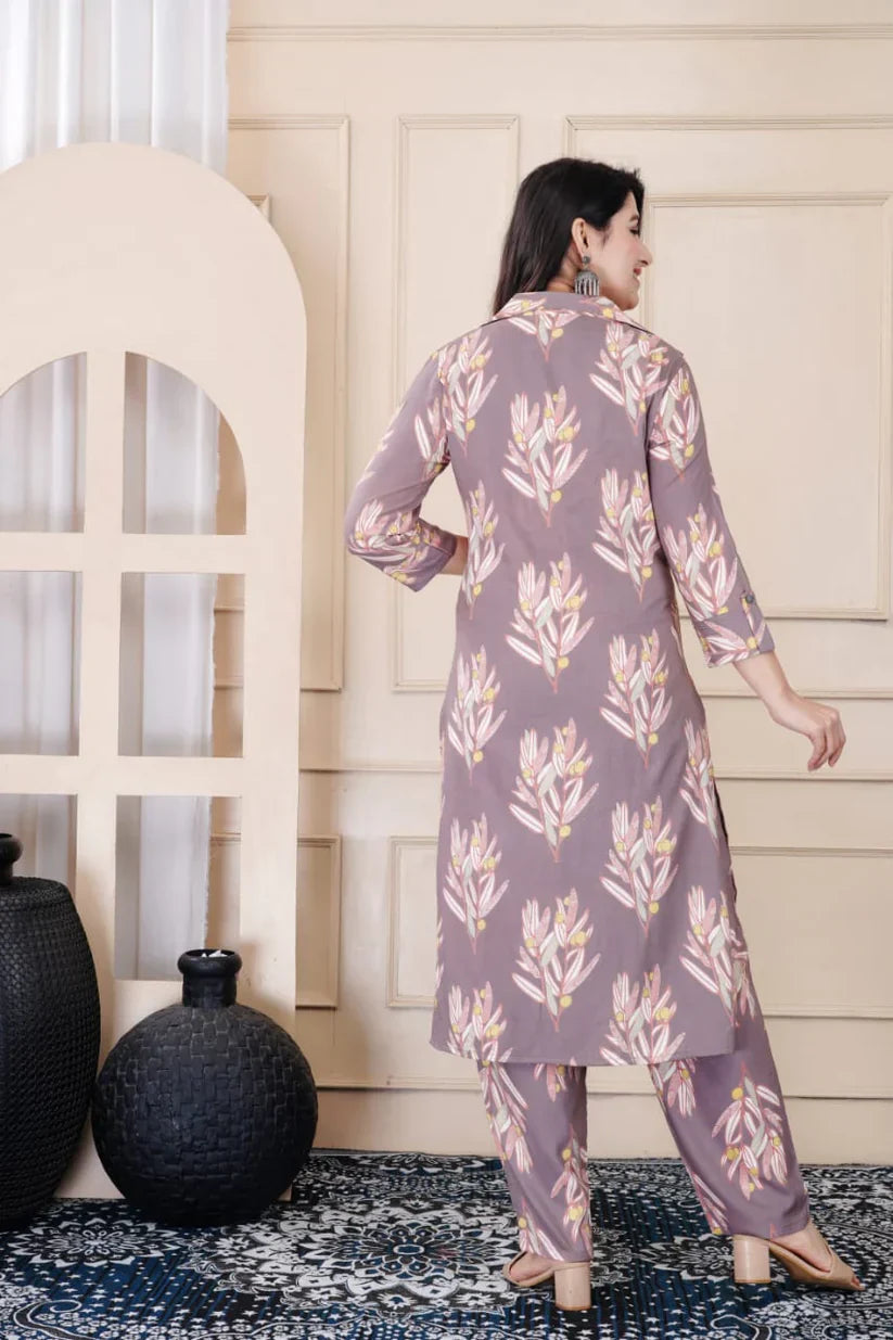 Grey Pockets Leaf Print Rayon Cord Set for Women