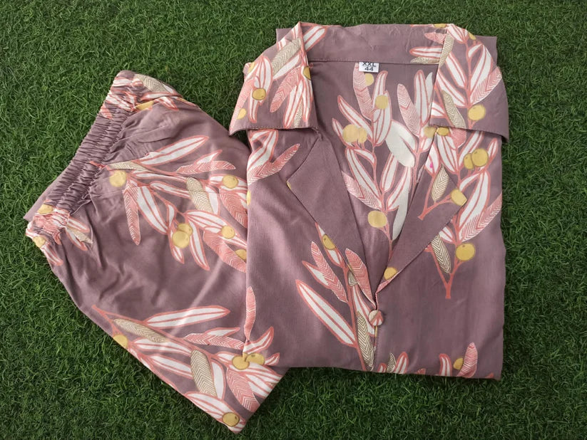 Grey Pockets Leaf Print Rayon Cord Set for Women
