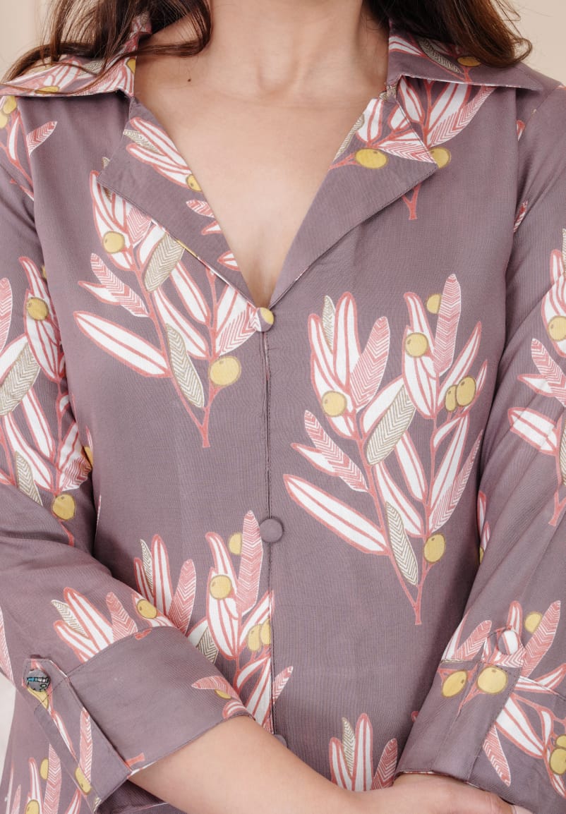 Grey Pockets Leaf Print Rayon Cord Set for Women