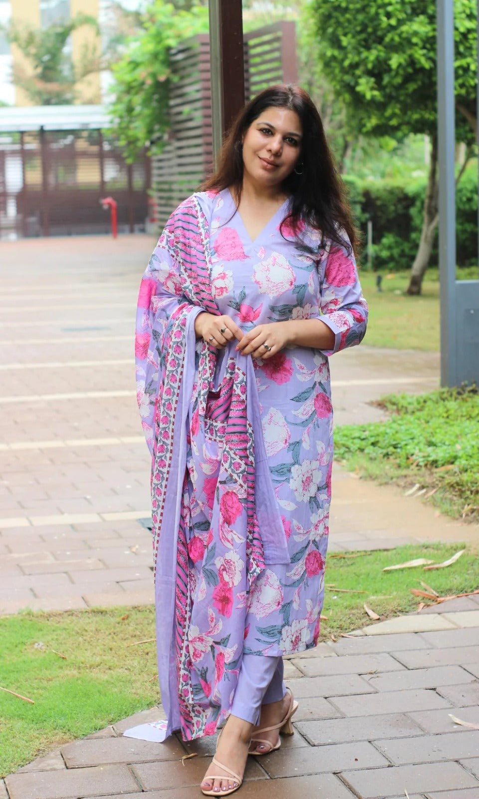 Lavender Floral Printed Kurta Set with Dupatta for Women